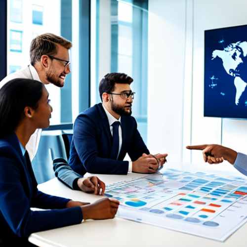 A diverse group of professional network engineers, fully clothed in modest business attire, gathered around a large conference table in a modern, brightly lit tech office. They are actively collaborating, pointing at a complex network diagram projected on a large screen, engaging in animated discussion and brainstorming. The scene emphasizes teamwork, collective intelligence, and knowledge exchange. Perfect anatomy, correct proportions, natural poses, well-formed hands, proper finger count, natural body proportions, professional photography, high quality, safe for work, appropriate content, professional.