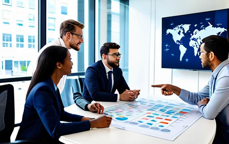 A diverse group of professional network engineers, fully clothed in modest business attire, gathered around a large conference table in a modern, brightly lit tech office. They are actively collaborating, pointing at a complex network diagram projected on a large screen, engaging in animated discussion and brainstorming. The scene emphasizes teamwork, collective intelligence, and knowledge exchange. Perfect anatomy, correct proportions, natural poses, well-formed hands, proper finger count, natural body proportions, professional photography, high quality, safe for work, appropriate content, professional.
