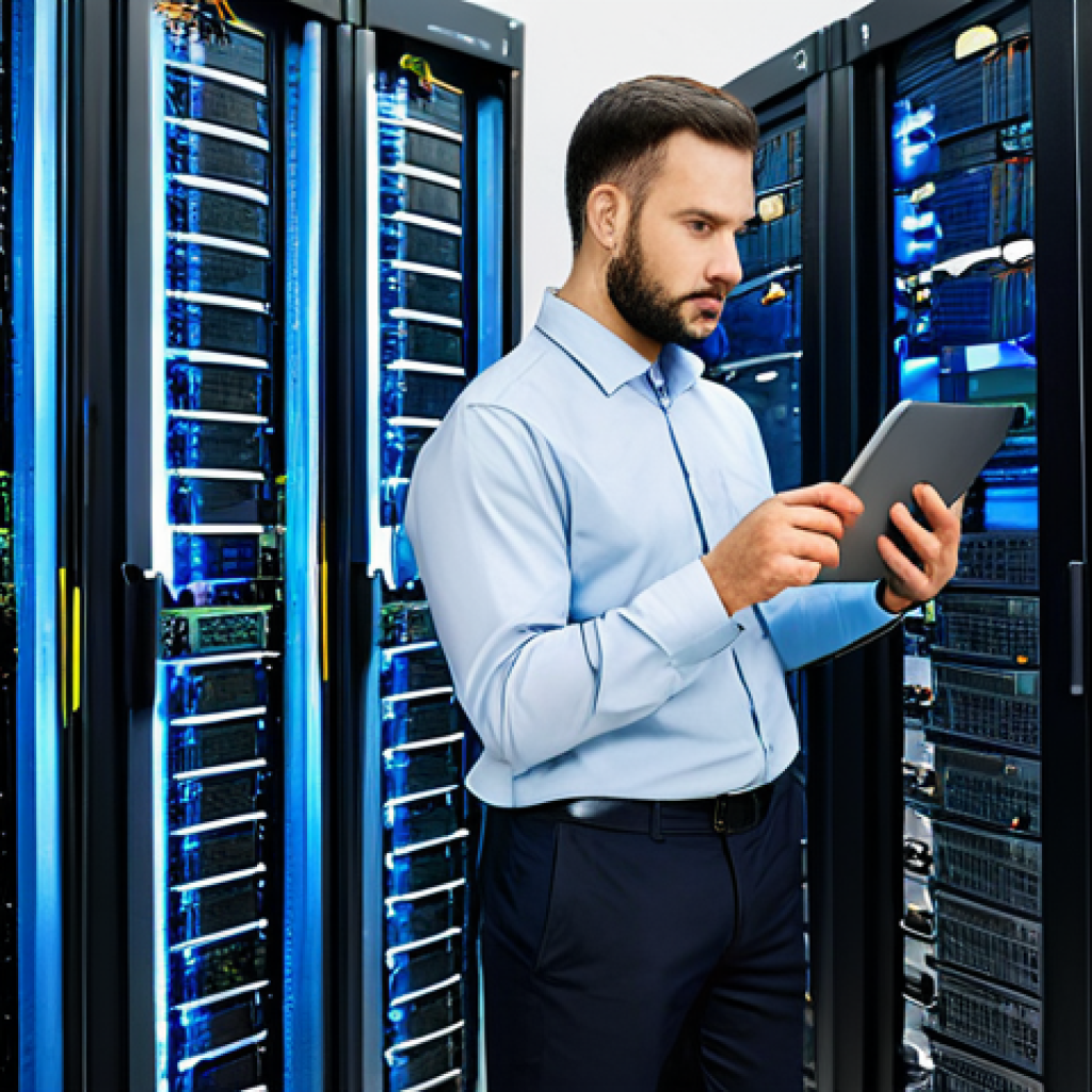 A focused professional male network administrator, wearing a modest business shirt and trousers, meticulously examining network diagrams and server racks in a clean, state-of-the-art data center. He is holding a tablet displaying network logs, symbolizing threat monitoring and infrastructure understanding. The environment is well-lit and organized, with neatly cabled servers. The pose is natural, conveying deep concentration. Fully clothed, appropriate attire, safe for work, perfect anatomy, correct proportions, well-formed hands, natural body proportions, professional dress, appropriate content, family-friendly, high-resolution photography.