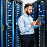 A focused professional male network administrator, wearing a modest business shirt and trousers, meticulously examining network diagrams and server racks in a clean, state-of-the-art data center. He is holding a tablet displaying network logs, symbolizing threat monitoring and infrastructure understanding. The environment is well-lit and organized, with neatly cabled servers. The pose is natural, conveying deep concentration. Fully clothed, appropriate attire, safe for work, perfect anatomy, correct proportions, well-formed hands, natural body proportions, professional dress, appropriate content, family-friendly, high-resolution photography.