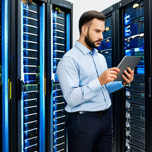 A focused professional male network administrator, wearing a modest business shirt and trousers, meticulously examining network diagrams and server racks in a clean, state-of-the-art data center. He is holding a tablet displaying network logs, symbolizing threat monitoring and infrastructure understanding. The environment is well-lit and organized, with neatly cabled servers. The pose is natural, conveying deep concentration. Fully clothed, appropriate attire, safe for work, perfect anatomy, correct proportions, well-formed hands, natural body proportions, professional dress, appropriate content, family-friendly, high-resolution photography.