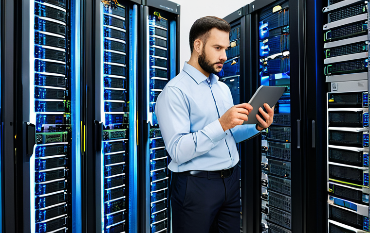 A focused professional male network administrator, wearing a modest business shirt and trousers, meticulously examining network diagrams and server racks in a clean, state-of-the-art data center. He is holding a tablet displaying network logs, symbolizing threat monitoring and infrastructure understanding. The environment is well-lit and organized, with neatly cabled servers. The pose is natural, conveying deep concentration. Fully clothed, appropriate attire, safe for work, perfect anatomy, correct proportions, well-formed hands, natural body proportions, professional dress, appropriate content, family-friendly, high-resolution photography.