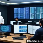 방화벽 설정 사례와 팁 - A modern cybersecurity control room in a Middle Eastern corporate office, featuring diverse Arab IT ...