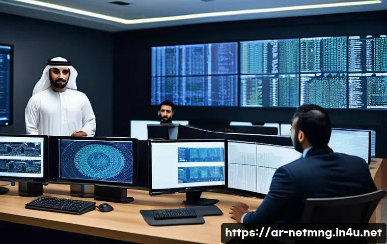 방화벽 설정 사례와 팁 - A modern cybersecurity control room in a Middle Eastern corporate office, featuring diverse Arab IT ...