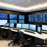 네트워크 보안 자격증 취득 과정 - A detailed digital illustration of a modern Middle Eastern network security control room with Arabic...