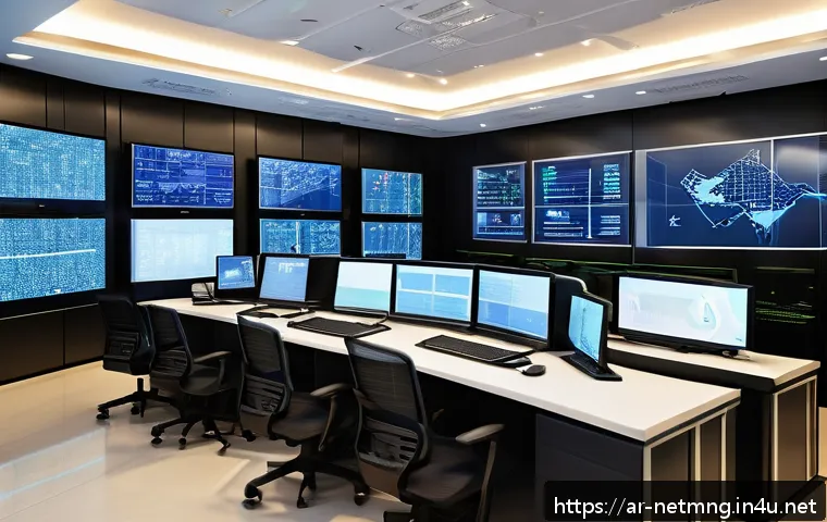 네트워크 보안 자격증 취득 과정 - A detailed digital illustration of a modern Middle Eastern network security control room with Arabic...