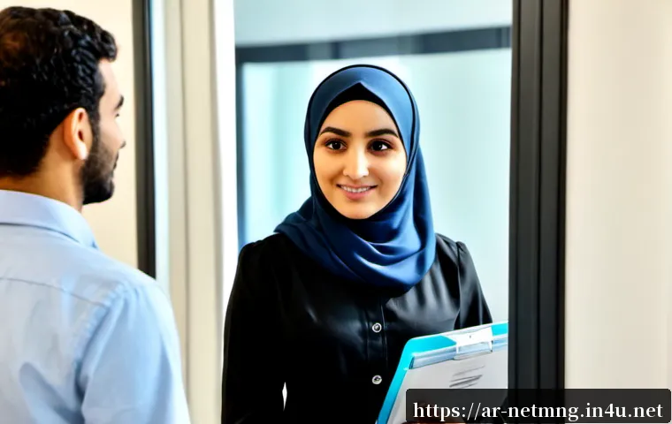 네트워크 시험장에서 자주 묻는 질문 - Photorealistic network certification testing center reception in a modern Arab city, an adult Arab c...